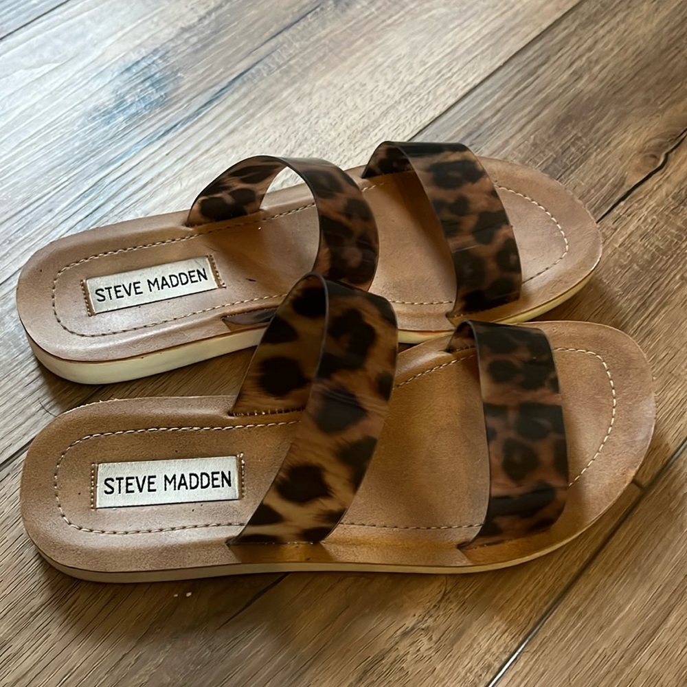 Steve Madden Cheetah slide sandals.